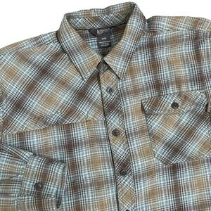 Outdoor Research Men's Tangent Plaid Flannel Button Up M Blue Brown Gorpcore